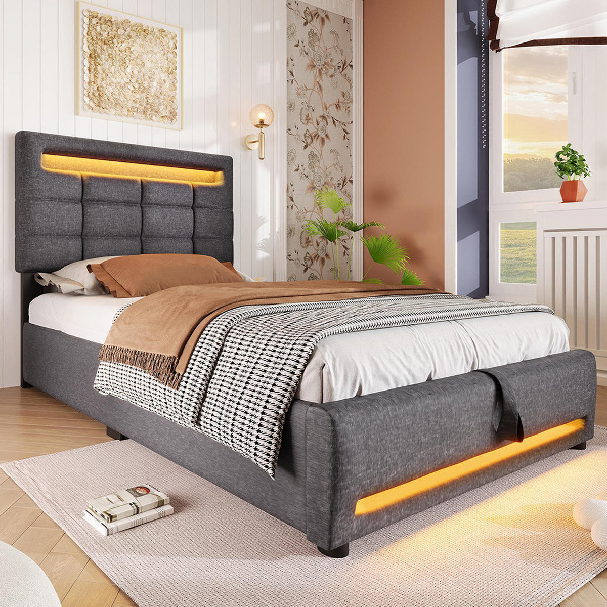 POLSTERBETT 90x200cm Mit USB-Buchse, Leinen, Grau - Grau, Holz/Textil (90/200cm) - KOMHTOM