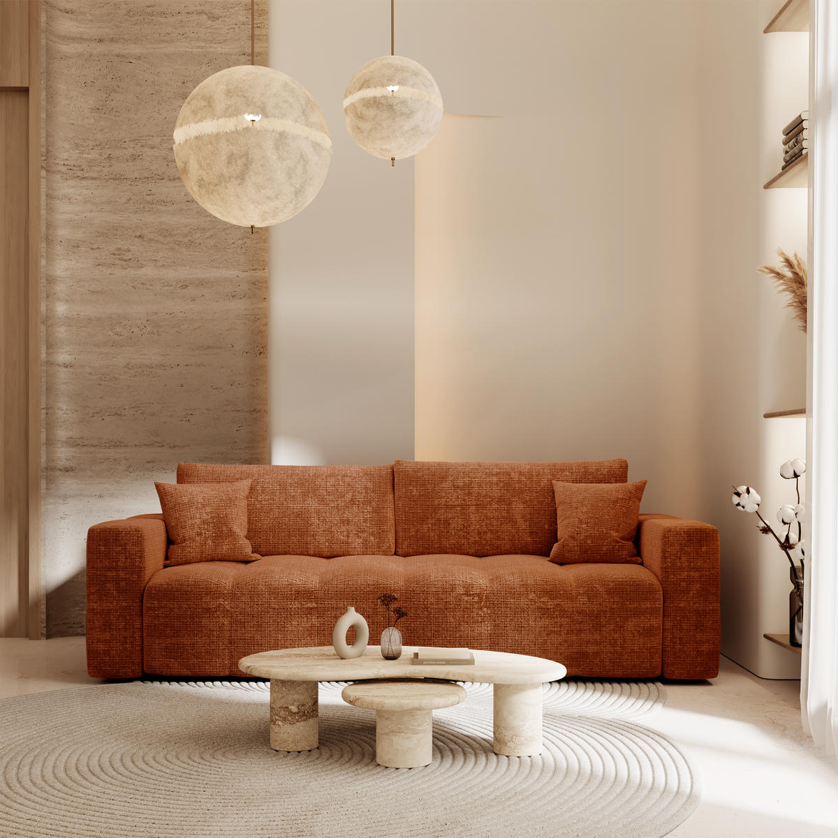 SCHLAFSOFA Express VIBE Geprägter Samt Terrakotta 206cm - Dunkelorange/Terracotta, Textil (206/80/100cm) - Premium Interiors