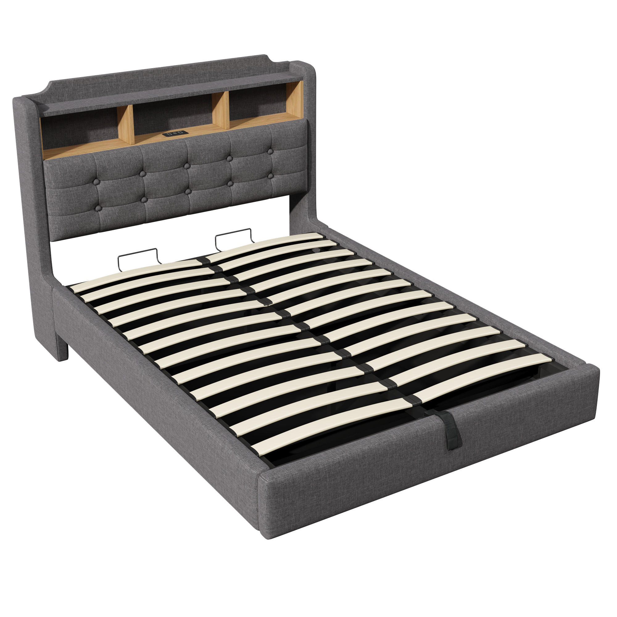 POLSTERBETT 140/200 cm Grau mit LED-Lichtleiste, Staufächer, USB- und Typ-C-Anschlüsse - Grau, Textil (140/200cm) - Oxeza
