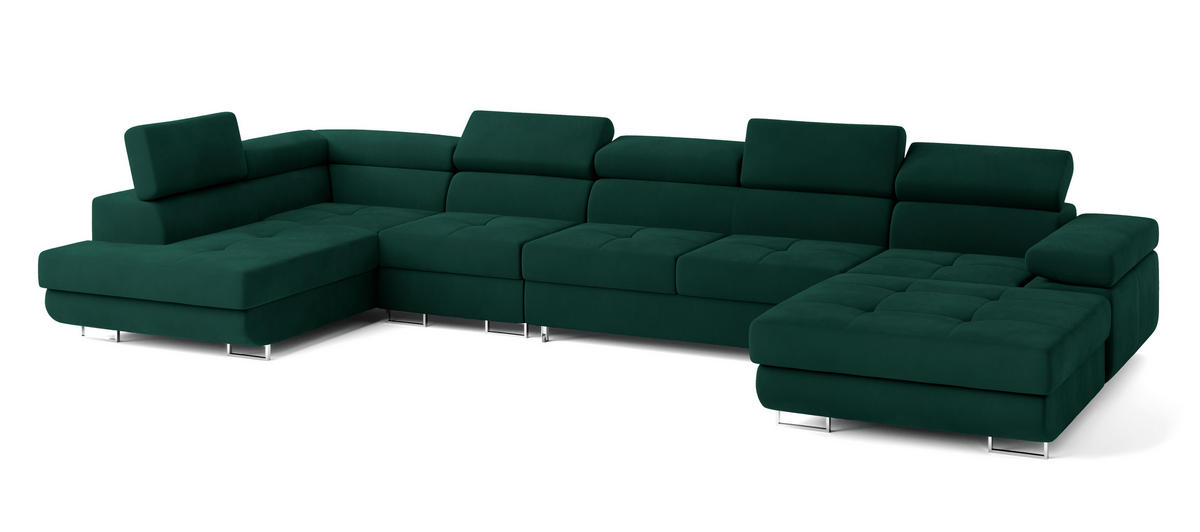 WOHNLANDSCHAFT VELORA L-S Grün Velours-Stoff mit Schlaffunktion - Grün, Holz (419/90/202cm) - MASSENO