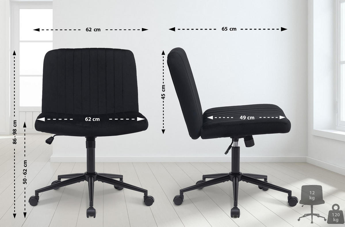 BÜROSTUHL Lynox Samt schwarz - Schwarz, Metall (62/98/65cm) - TPFLiving