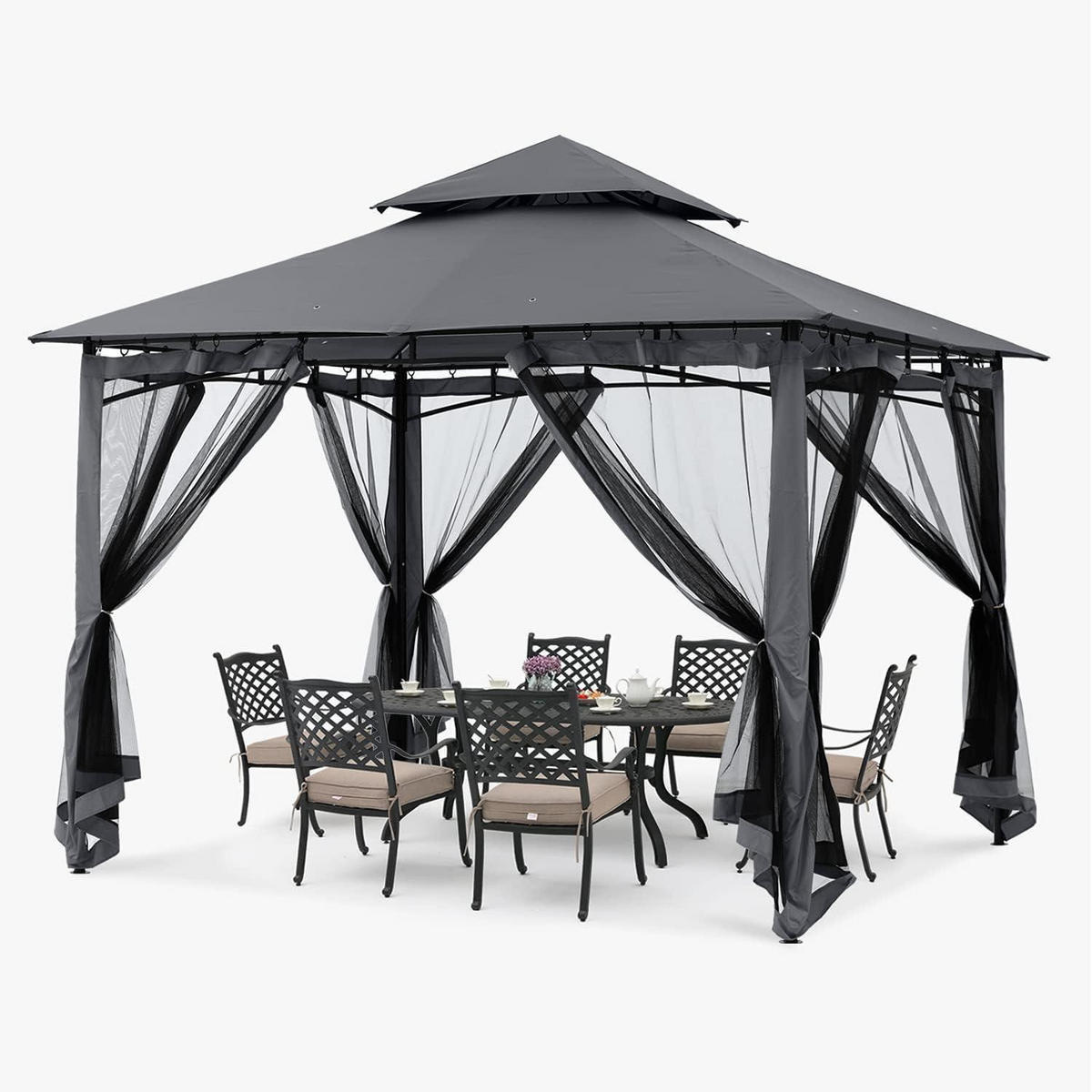 GARTENPAVILLON 2,5 x 2,5 m Grau mit Netz - Grau, Metall (274.3/280.4/274.3cm)