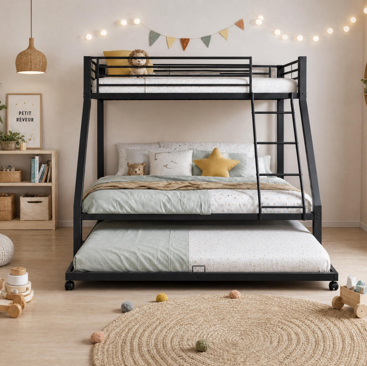 ETAGENBETT aus Metall 90/140x200 cm Schwarz mit Ausziehbett, hohe Belastbarkeit und 3 Schlafplätze - Schwarz, Metall (140/200cm) - Modfu