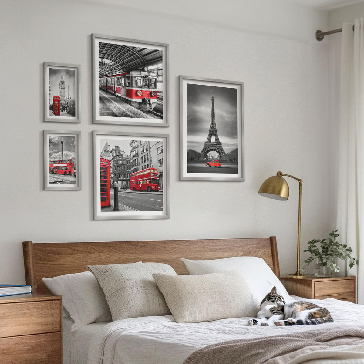 BILDER SET 5er Set - 50x50 cm & 20x30 cm & 40x60 cm Silberner Rahmen - Rote Busse in der Stadt - Silberfarben, Kunststoff (40/60cm) - TULUP