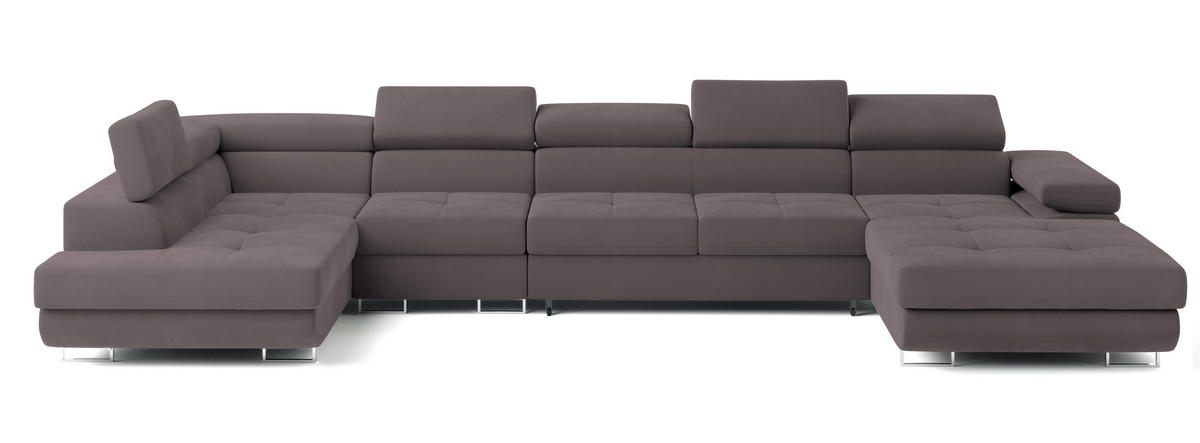 WOHNLANDSCHAFT VELORA L-S Lila Velours-Stoff mit Schlaffunktion - Lila, Holz (419/90/202cm) - MASSENO