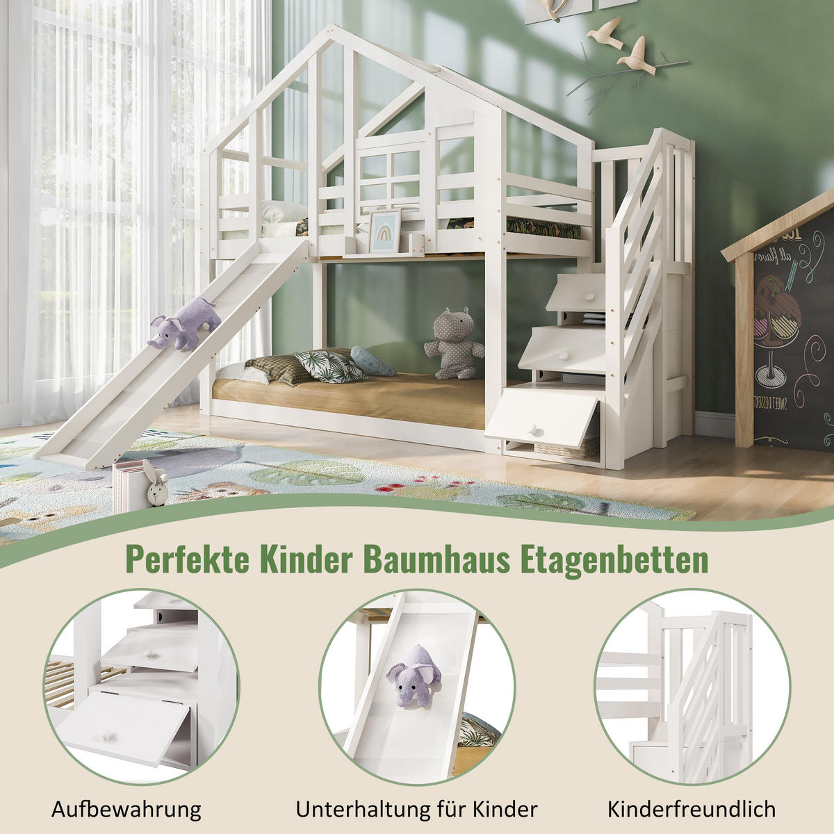 ETAGENBETT 90/200 cm in Weiß mit Rutsche und Treppenschrank im Baumhaus-Design - Weiß, Holzwerkstoff (90/200cm) - STILVORA