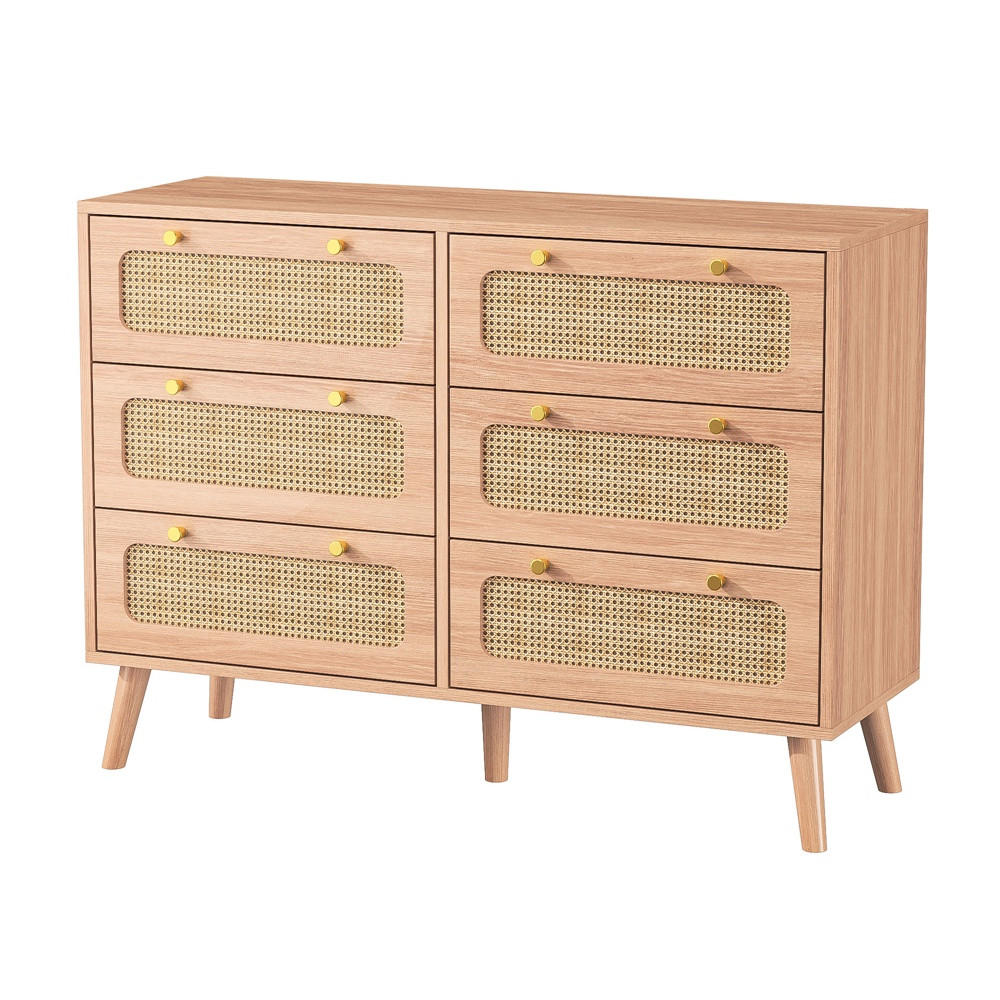 KOMMODE mit 6 Schubladen - Beine aus Massivholz - Rattan-Kommode für Wohnzimmer und Schlafzimmer - Eiche - Eichefarben, Holzwerkstoff (100/73/34cm) - DELFA
