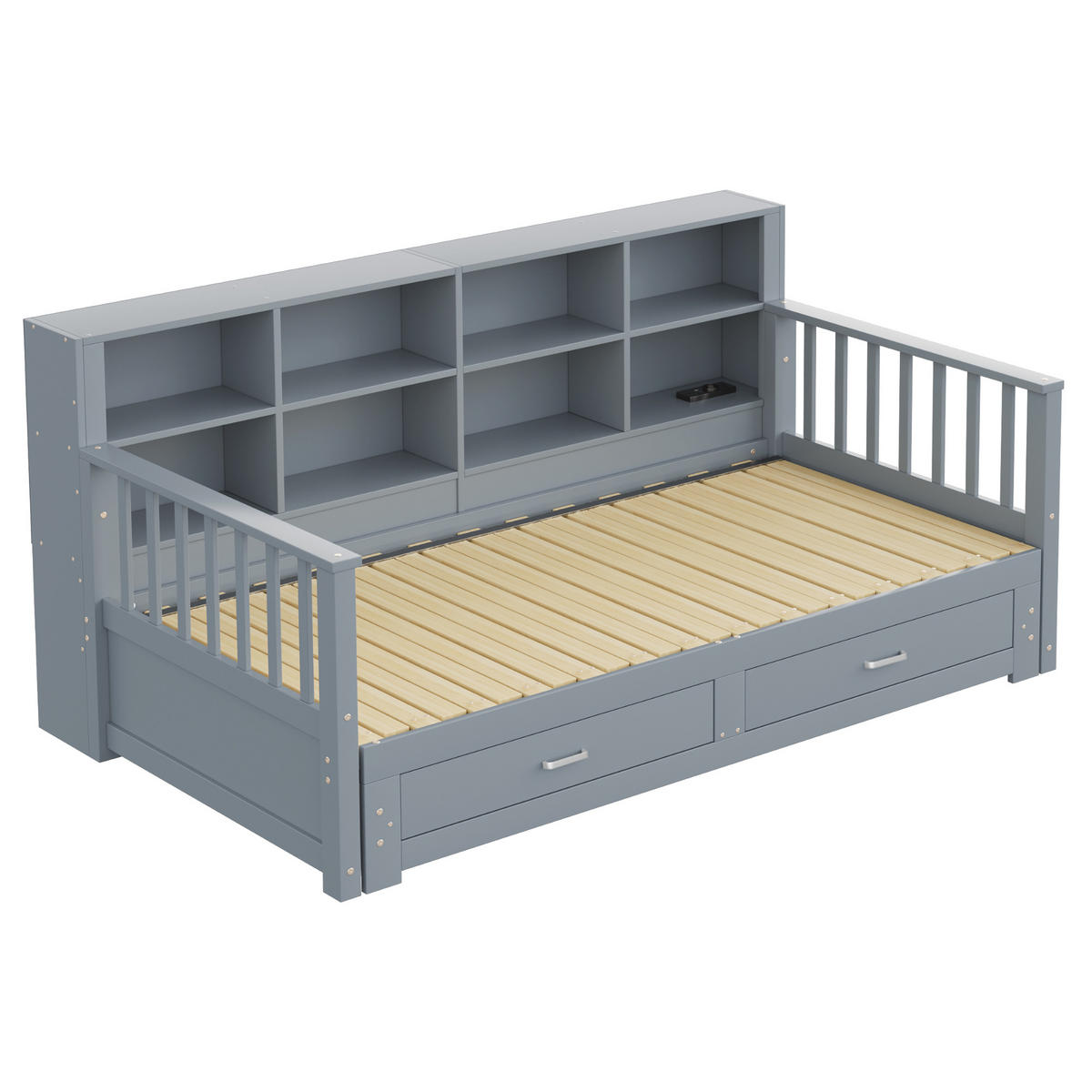 MULTIFUNKTIONSBETT 90/190 cm grau aus Holz mit Ausziehfunktion und Steckdose - Grau, Holzwerkstoff (90/190cm) - OKWISH