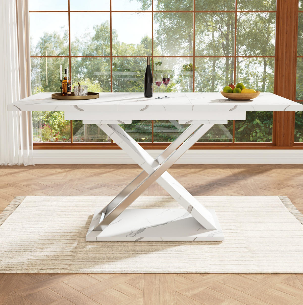 AUSZIEHBARER Esstisch aus MDF mit Marmormuster, 118-157/75/76,4 cm, Weiß - Weiß, Holzwerkstoff (118/75/76.4cm) - Redom