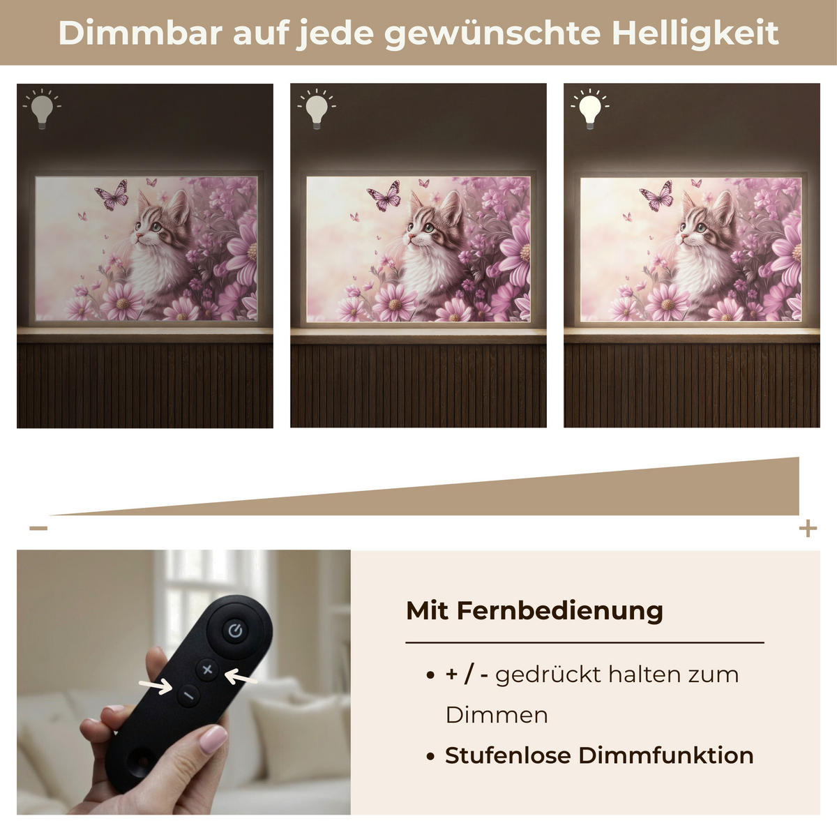 NÁSTĚNNÁ LAMPA S AKUMULÁTOREM Koťátko - Květiny - Motýli - Fialová 60x40 cm - starorůžová, kompozitní dřevo (60/40/8cm) - OnlyWow