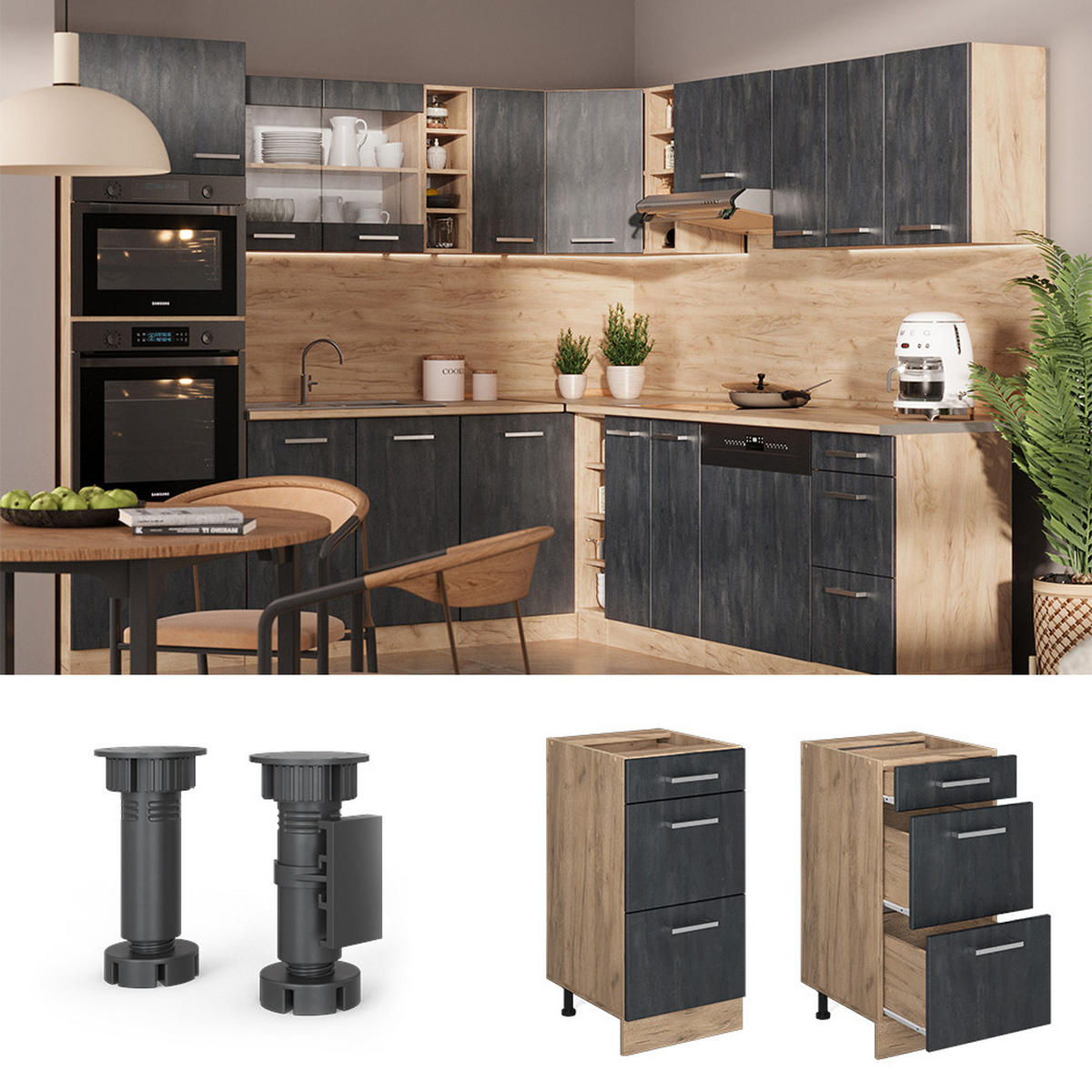 KÜCHENUNTERSCHRANK R-Line Schwarz Beton 40 cm AP Eiche - Eiche Wotan/Schwarz, Holzwerkstoff (40/81.6/60cm) - Vicco