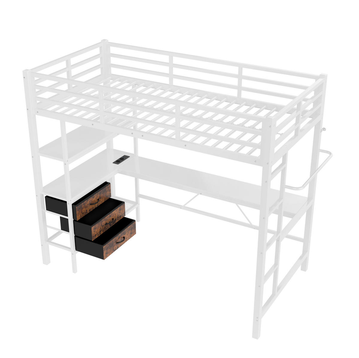 HOCHBETT aus Metall und MDF 90x200 cm Weiß mit LED-Beleuchtung, Schreibtisch, USB-Anschluss und 3 Schubladen - Weiß, Metall (140/200cm) - Modfu
