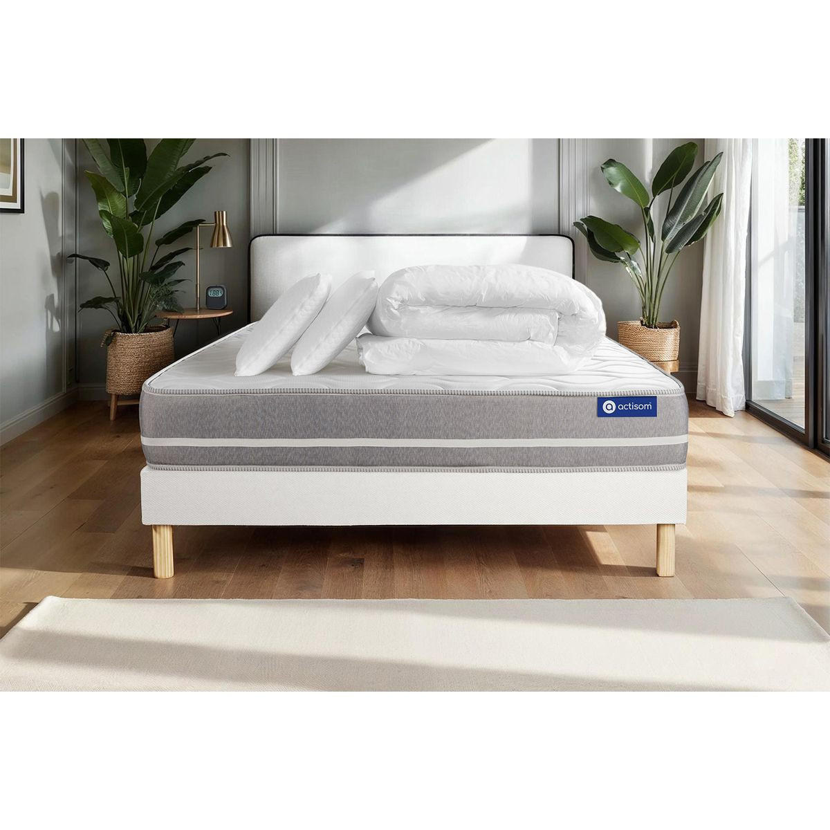 BETT Actiflex touch Taschenfederkern 160 x 200 cm h1 - Kit Bettgestell Weiß - Mit Kissen und Bettdecke - Beige/Weiß, Karton/Holz (160/200cm) - ACTISOM