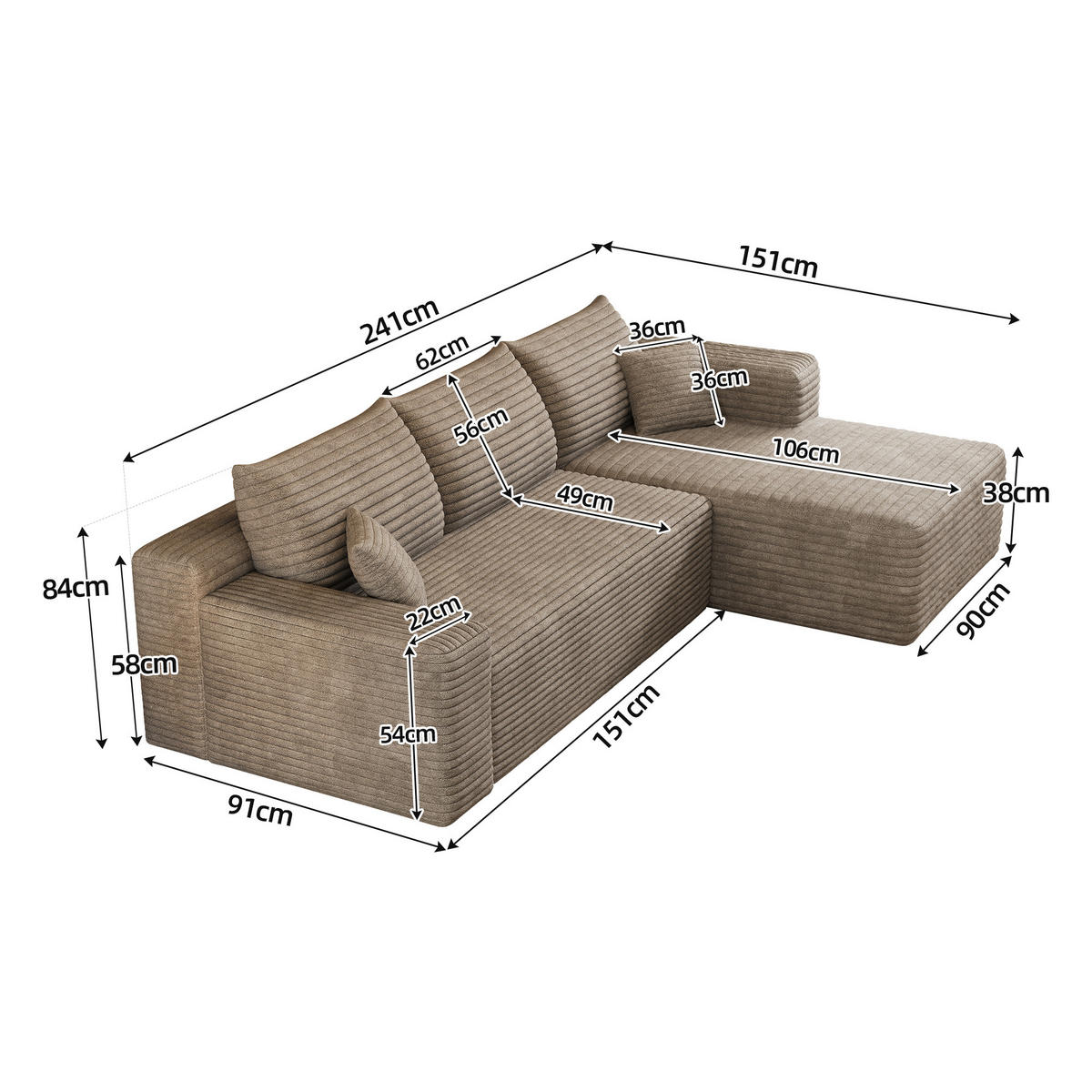 L-FÖRMIGES ECKSOFA Camel 241/151/58 cm 3-Sitzer Ohne Montage - Cognac, Textil (241/151cm) - PANGIVO