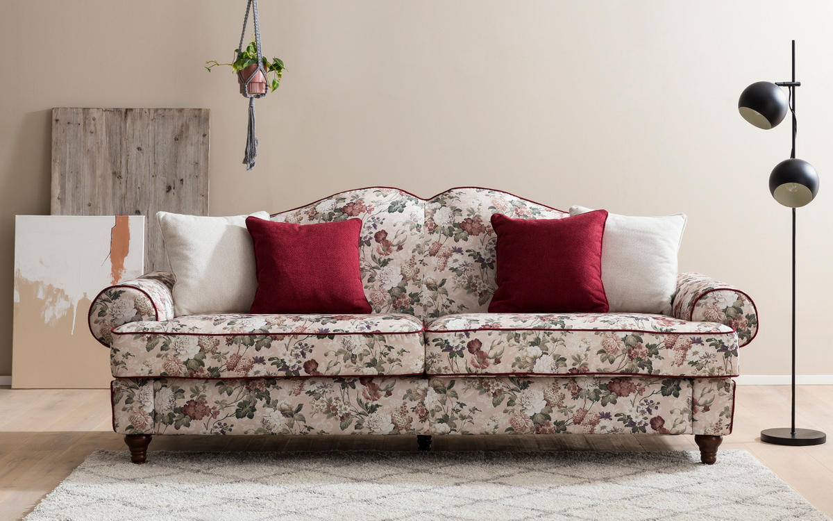 SOFA 3,5-SITZER creme Landhaus, Blumen Design, Couch 228 cm - Beige/Rot, Holz/Textil (228/96/90cm) - Furn.Design