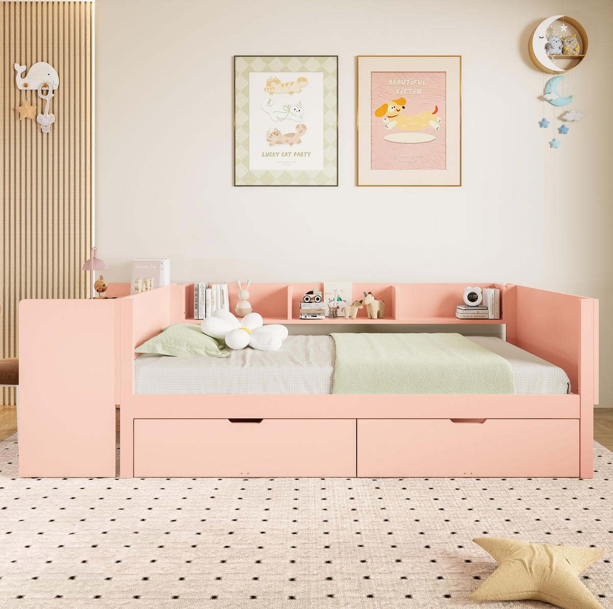 KINDERBETT 90/200 cm Rosa/Weiß aus Kiefer mit Schreibtisch, 2 Schubladen und Regalen - Rosa, Holz (90/200cm) - OKMYHOME
