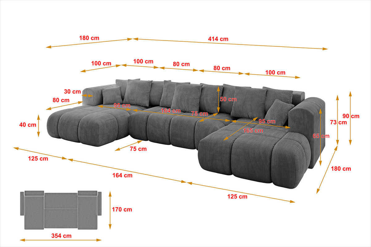 WOHNLANDSCHAFT Ottomane Links CLOUD-U-v1 414x180x40 Dunkelgrau Cord - Dunkelgrau, Holzwerkstoff/Kunststoff (414/90/180cm) - ALTDECOR
