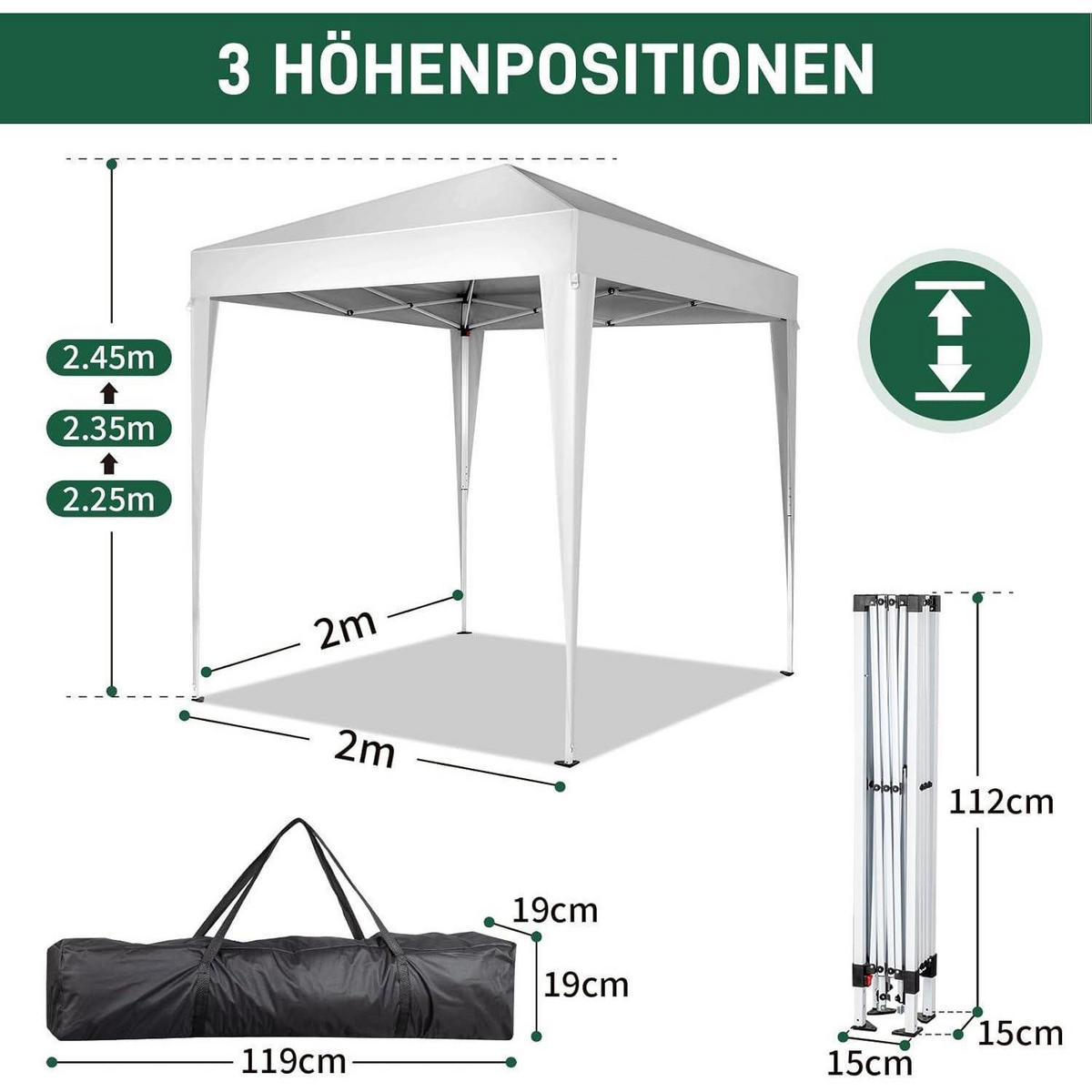 FALTPAVILLON 2 x 2 m Weiß mit 4 Seitenteilen UV-Schutz 50+ - Weiß, Textil (200/255/200cm)