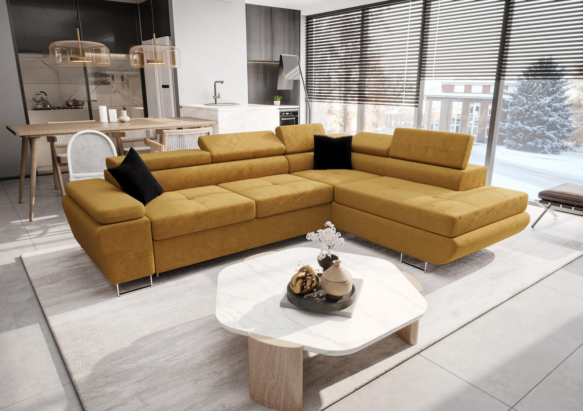ECKSOFA KONGO RBN04, Eckcouch in L-Form mit Schlaffunktion, Farbe: Gelb, Velourstoff, Ottomane Rechts - Gelb, Textil (272/200cm) - O-Sofa