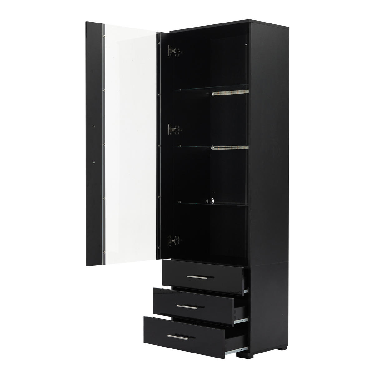 VITRINE 60/35/180 cm mit LED-Beleuchtung, 3 Schubladen und Hochglanzfront, Schwarz - Schwarz, Holzwerkstoff (60/180/35cm) - Redom