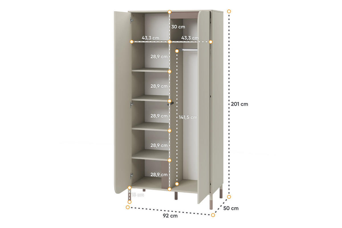 KLEIDERSCHRANK CATTA jugendliche Garderobe, Cremefarben - Creme, Holz (92/201/50cm) - KONSIMO®