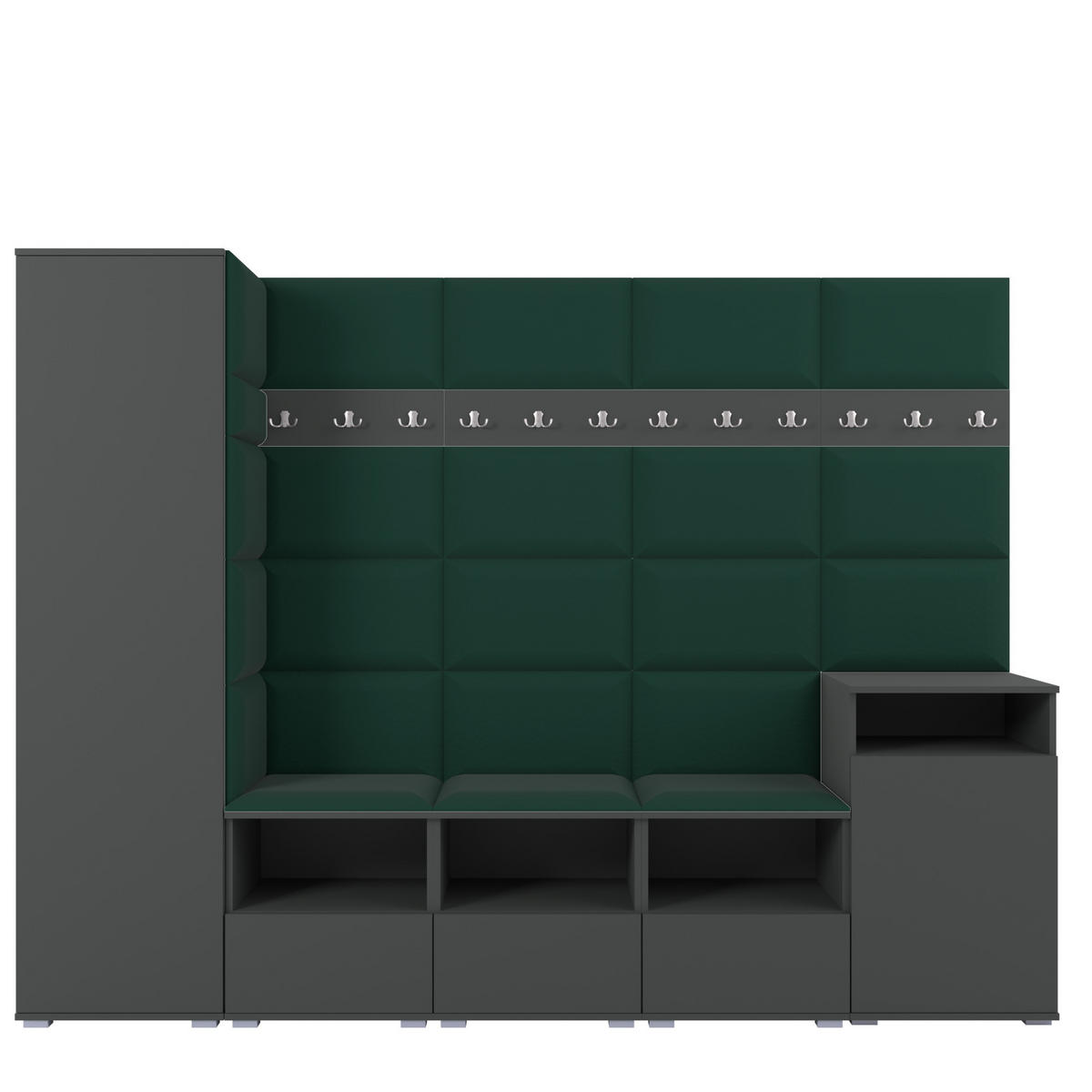GARDEROBE NELA XI 250 cm (Modulare Flurmöbel Graphit mit Sitzpolster Flaschengrün 28 Großes Set) - Dunkelgrün/Silberfarben, Holz/Holzwerkstoff (250/187/40cm) - Ravio