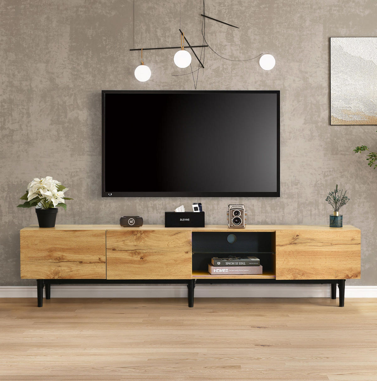 LOWBOARD 175/31/41 cm in Eichefarben/Schwarz aus MDF mit LED-Beleuchtung - Eichefarben, Holzwerkstoff (31/41/175cm) - OKMYHOME