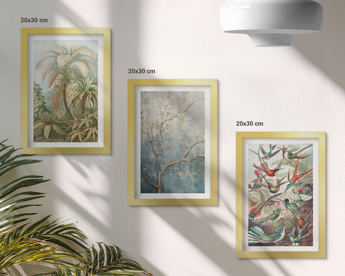WANDBILDER 3er Set - 20x30 cm Goldrahmen - Tropische Pflanzen, Vögel, Natur - Goldfarben, Kunststoff (20/30cm) - ArtPrintCave