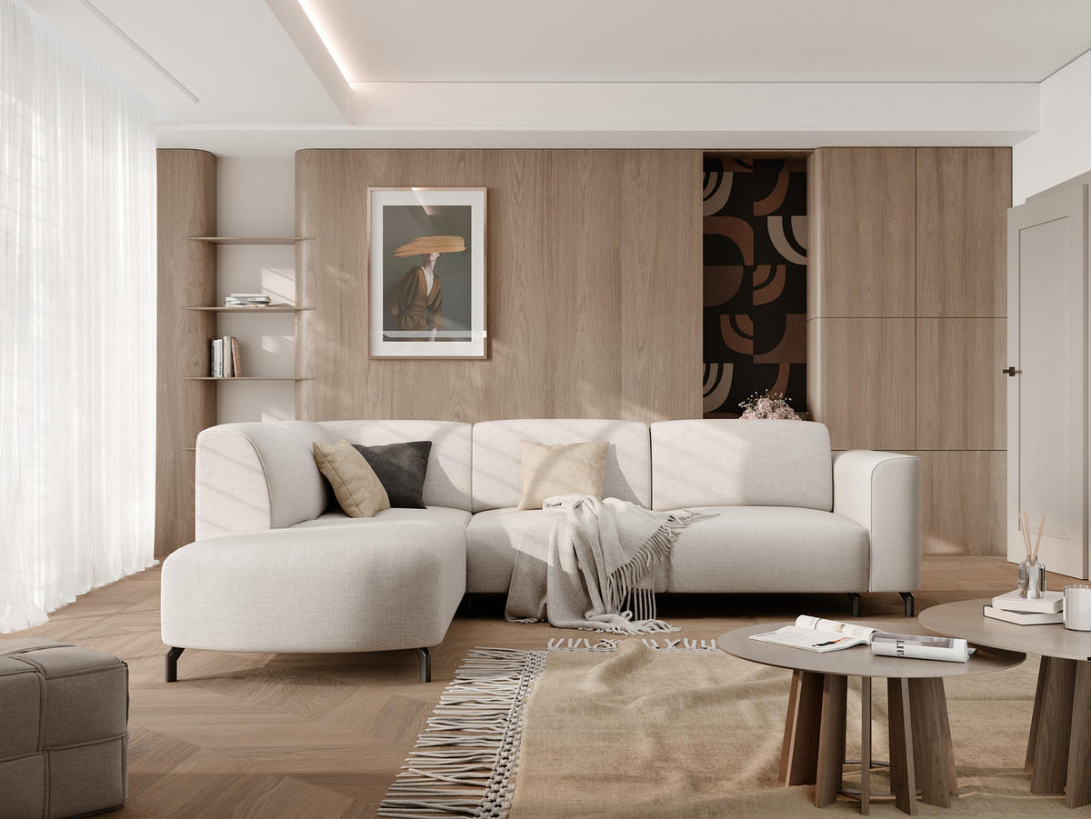 ECKSOFA TORIN Chenille-Stoff in Creme - Creme, Holzwerkstoff/Kunststoff (277/218cm) - Idohome