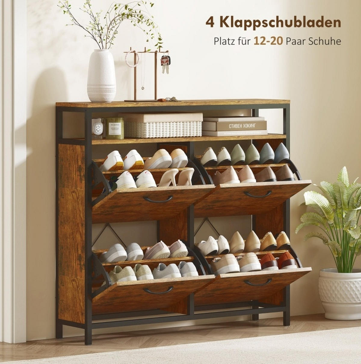 SCHUHSCHRANK mit 4 Klappschubladen 98 x 24 x 95 cm Holzoptik Braun - Braun, Holz (24/95/98cm) - Beauniv