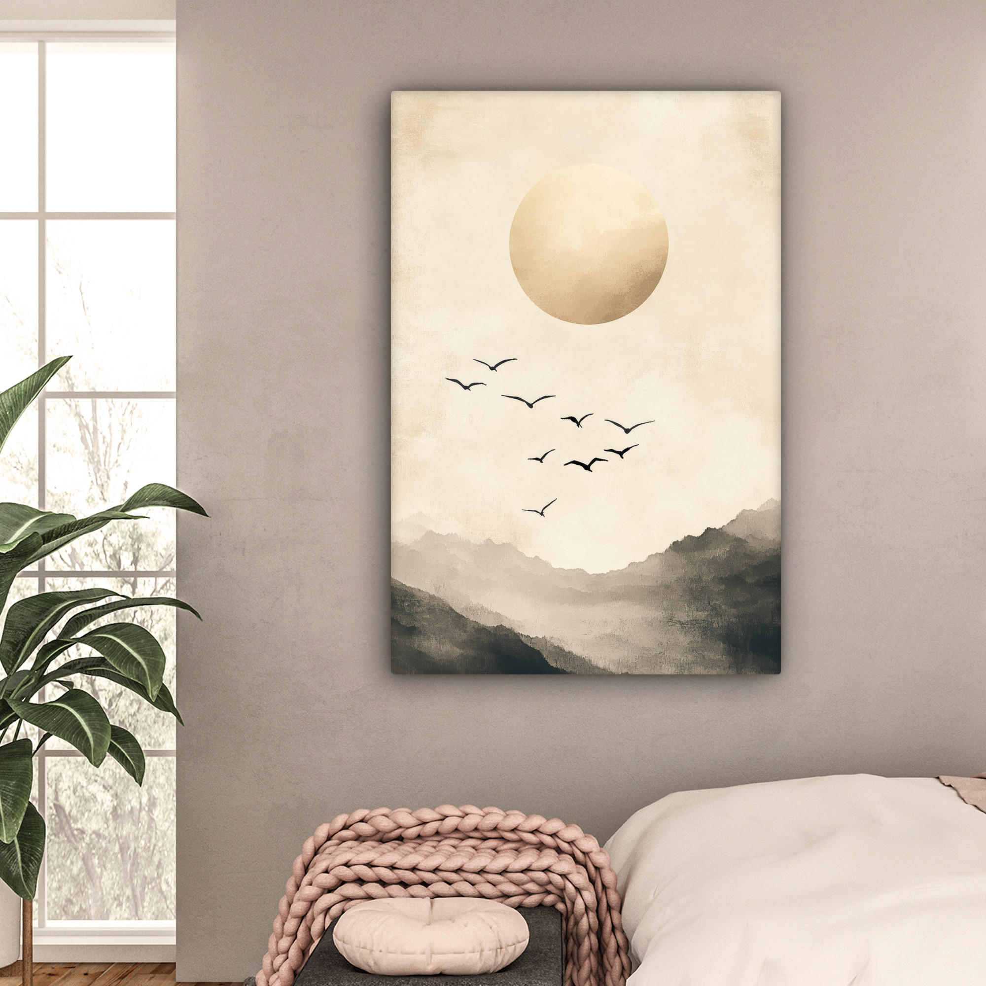 LEINWANDBILD Landschaft - Japandi - Vogel 80x120 cm - Beige, Textil (80/120cm) - MuchoWow