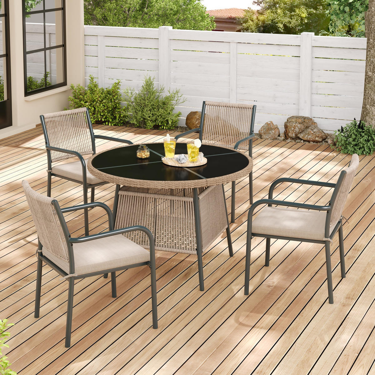 GARTENMÖBELSET Rattan Grau 5-tlg. - Grau, Metall - ComfortXL