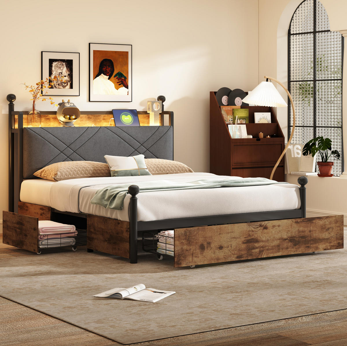 METALLBETT aus Metall 140x190 cm Schwarz mit LED-Beleuchtung, USB/Type-C und Stauraum - Schwarz, Metall (140/190cm) - Modfu