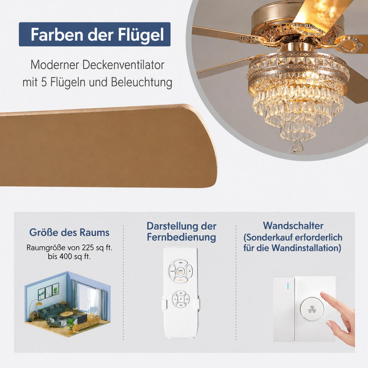 DECKENVENTILATOR Goldfarben 132 cm mit Kristallleuchte und Fernbedienung - Goldfarben, Metall (132.1/132.1/59.9cm)