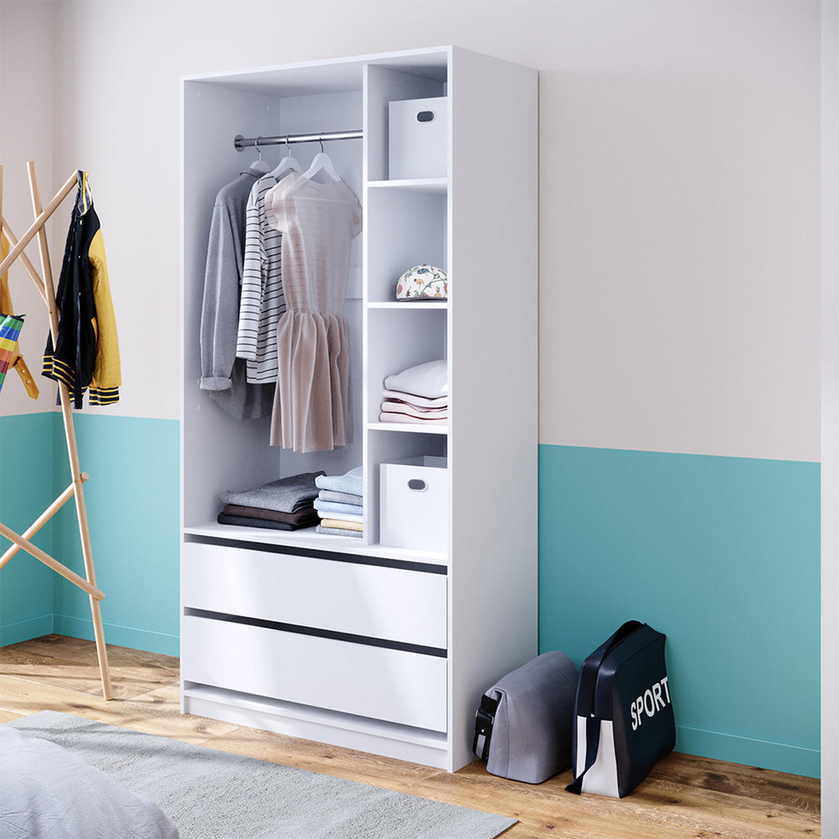 KLEIDERSCHRANK Elmo Weiß 100 x 200 cm mit 2 Schubladen - Weiß, Holzwerkstoff (100/200/50cm) - Vicco