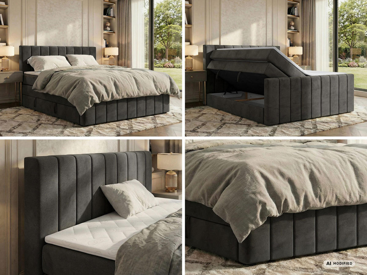 BOXSPRINGBETT ALVER KING DUO 200/200 - Dunkelgrau Velvet - Topper T25 - H4 - Dunkelgrau/Schwarz, Kunststoff/Textil (200/200cm) - MKS