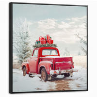 LEINWAND Bilder mit Rahmen - Auto - Rot - Geschenke - Winter - Schnee - Weihnachten - 90x90 - Rot, Textil (90/90cm) - MuchoWow