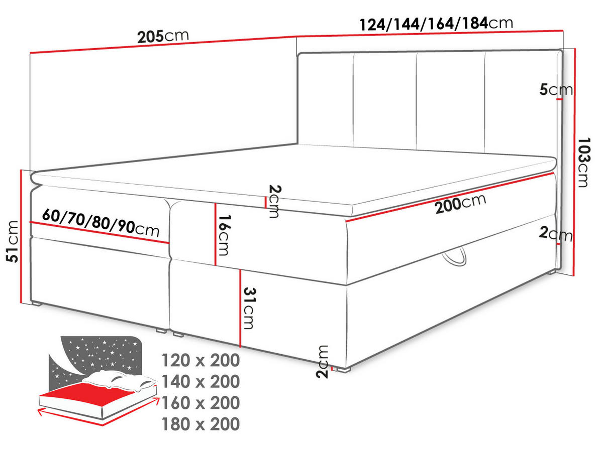 BOXBETT Rebos - H3 - Grau, Holz/Textil (180/200cm) - MIRJAN24