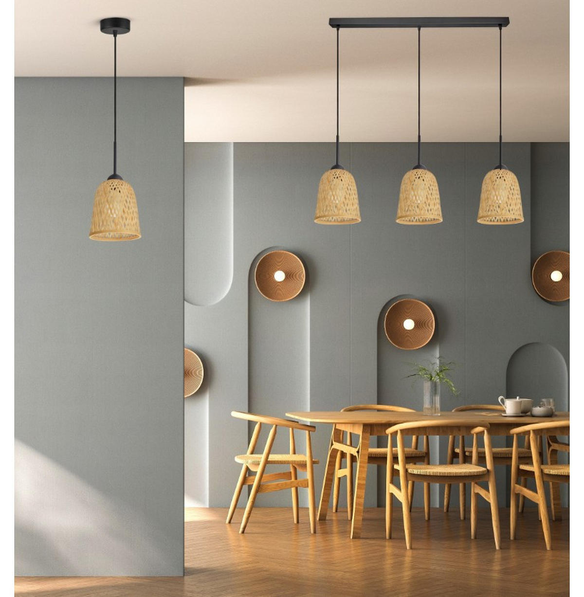 PENDELLEUCHTE BOHO - Schwarz/Weiß, Holz/Metall (17/90/100cm) - kiki design