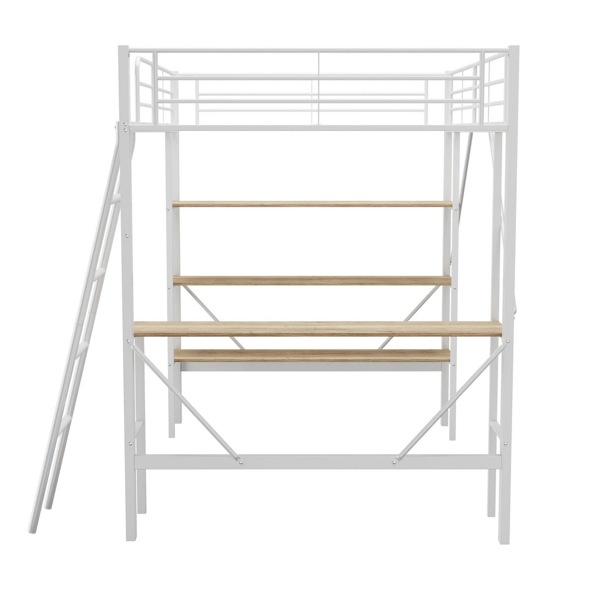 HOCHBETT mit Schreibtisch 90/200 cm in Weiß – mit 3 Ablagen und Rausfallschutz - Weiß, Holzwerkstoff (90/200cm) - BEAOK