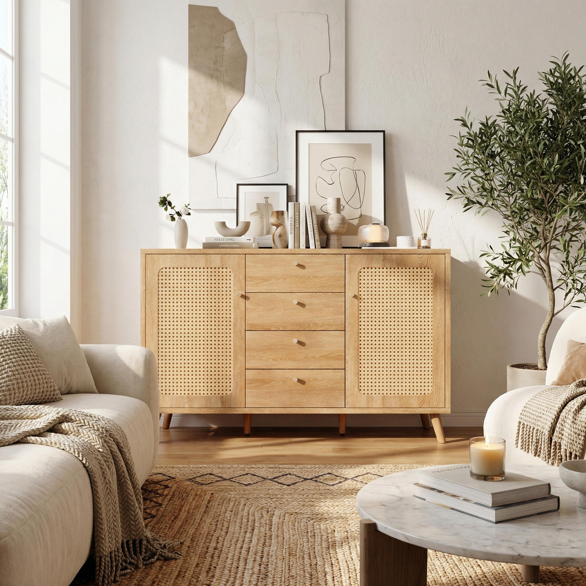 SIDEBOARD 140 cm in Rattan-Optik mit 4 Schubladen - Sonoma Eiche, Holzwerkstoff (140/86/40cm) - Urban Meuble