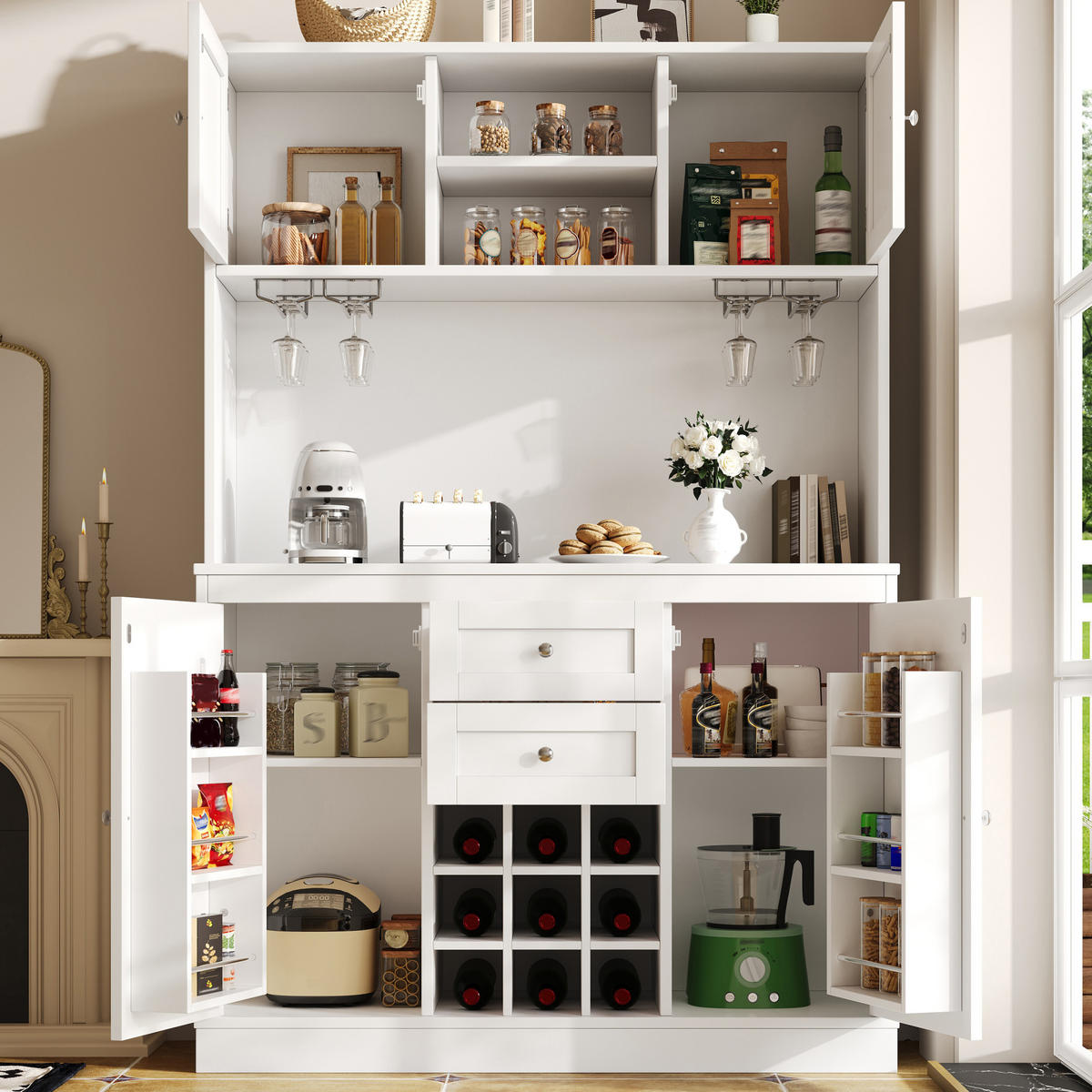 BUFFET 120/188/40 cm Weiß aus MDF und Metall mit Weinregal - Weiß, Holzwerkstoff (40/188/120cm) - OKMYHOME