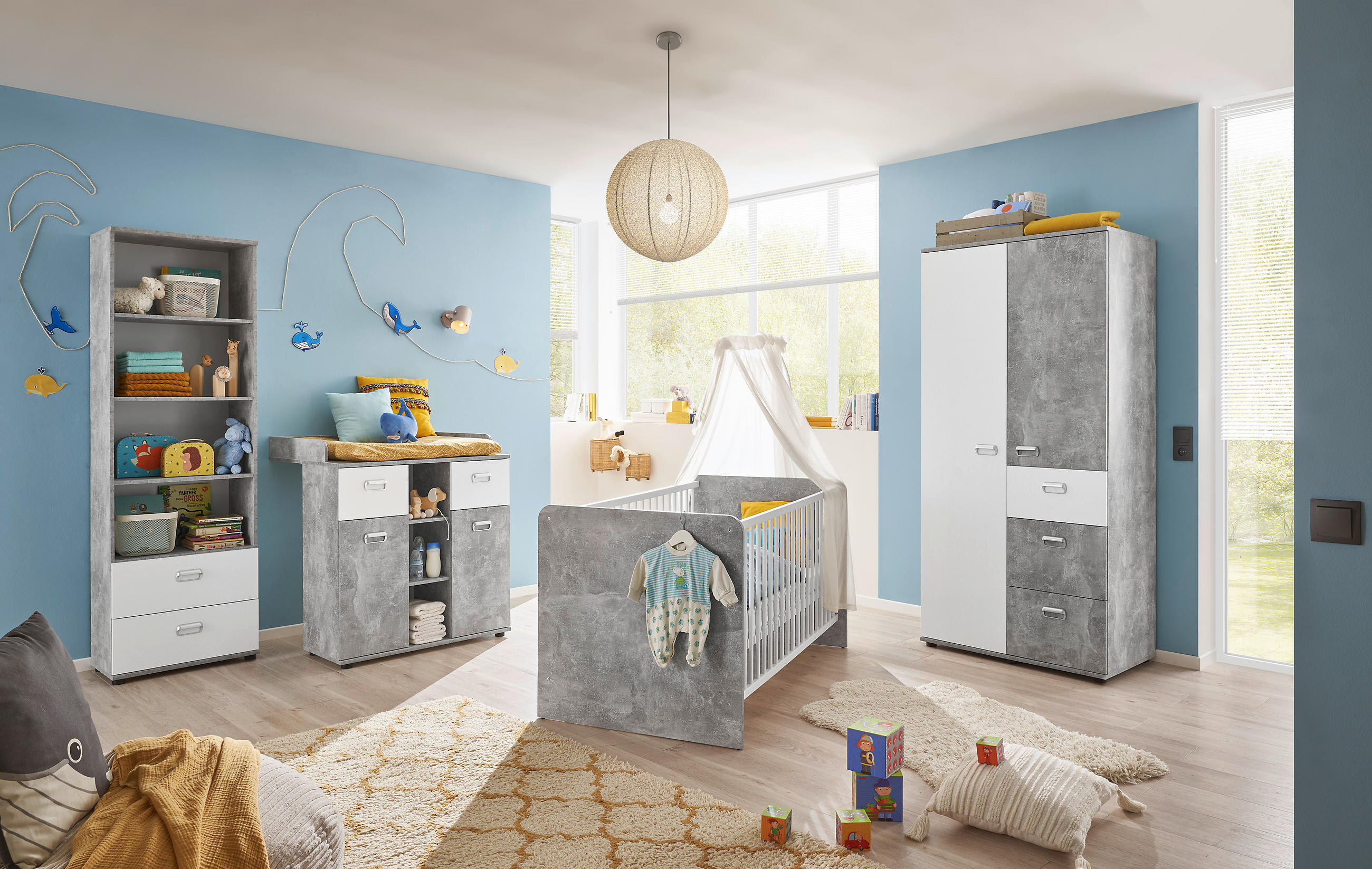 BABYZIMMER Matino in Beton hell und Weiß 4teilig - Grau, Holzwerkstoff (120/200/80cm)