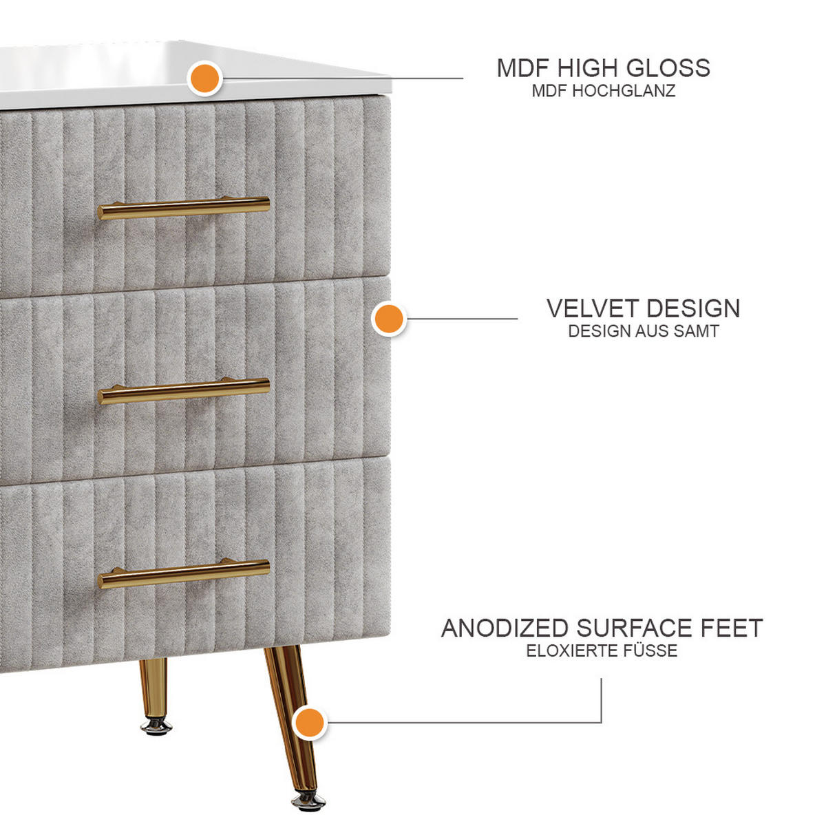 NACHTTISCH Velia Grau 41 x 62 cm mit 3 Schubladen - Grau, Holzwerkstoff (41/62/40.5cm) - Vicco