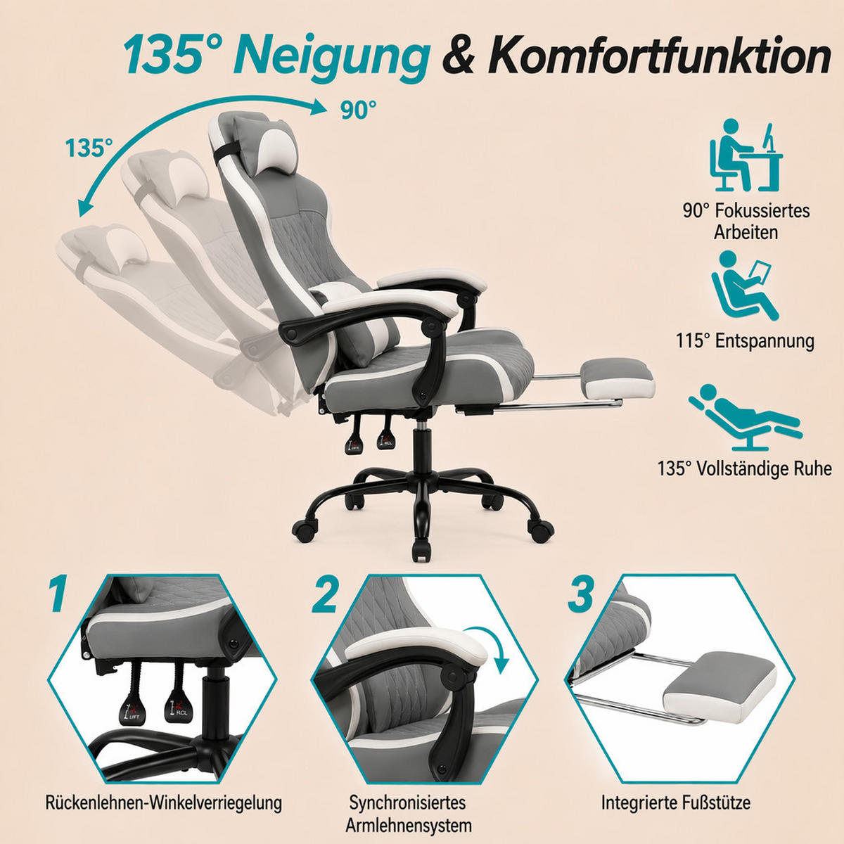 GAMING-STUHL grau mit Rautensteppung, Fußstütze, Nacken- und Lendenkissen, höhenverstellbar - Grau, Leder (54/124/62cm) - BRILVERDE