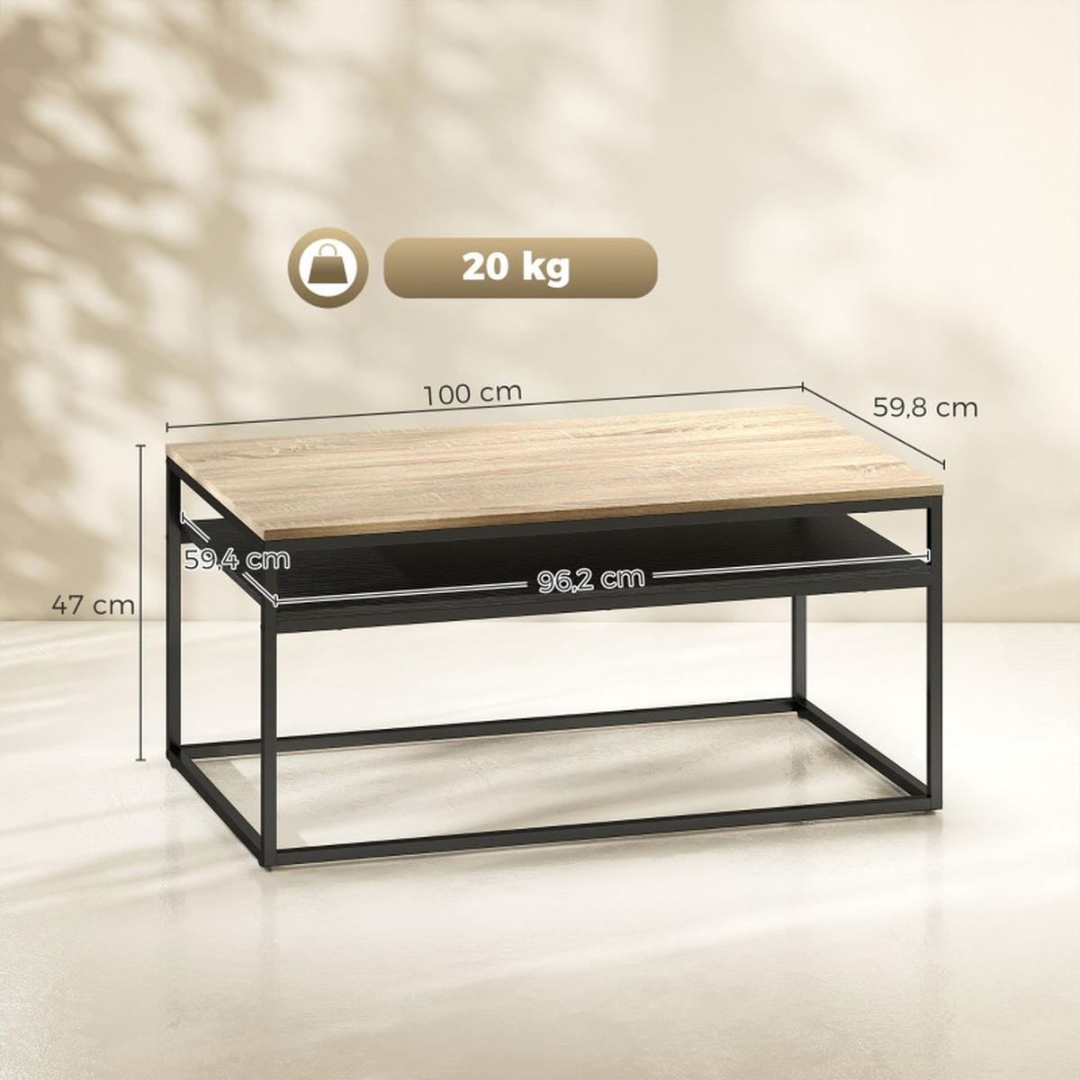 COUCHTISCH DE-37206 mit 2 Ebenen und Zweifarbdesign Eiche/Schwarz - Eichefarben, Holzwerkstoff (100/59.8/47cm) - ComfortXL