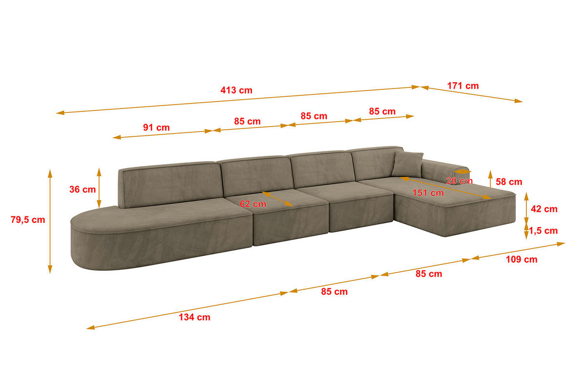 ECKSOFA Ottomane Rechts IREA-L3-v3 - 413x171x79 cm Braun - Braun, Holzwerkstoff/Textil (171/413cm) - ALTDECOR