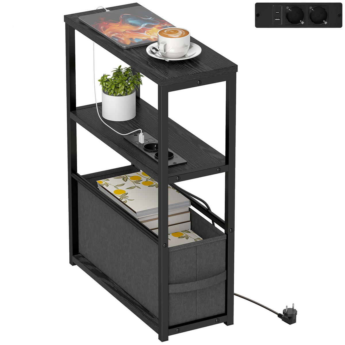BEISTELLTISCH Sofatisch mit Steckdosenleiste, Ablage, für Kleine Räume, 45x18x60,2cm, Schwarz - Schwarz, Holzwerkstoff (18/45/60.2cm)