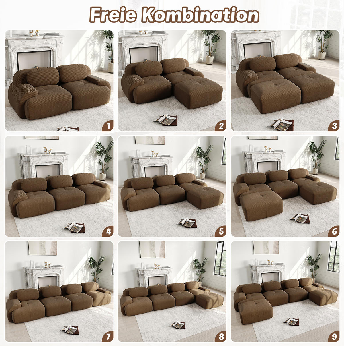 ECKSOFA in Braun aus Cord mit ergonomischem Design und ohne Montage - Braun, Textil (178/298cm) - Flora Grace