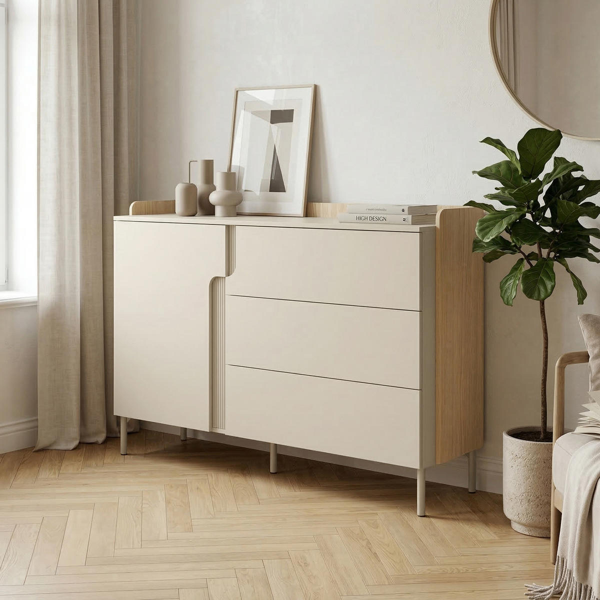 KOMMODE Positivo mit 1 Tür und 3 Schubladen, 140 cm, Mavelie-Eiche + Macadamia - Eichefarben, Holzwerkstoff (143/95/42cm) - Beautysofa